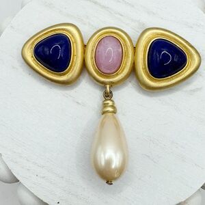Vintage Mogul Style Pink Faux Gripoix Gold Tone Large Brooch Pin With Drop Pearl